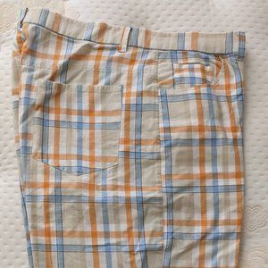 Mens Orange, Beige & Blue Plaid Flat Front Summer Shorts - 100% Cotton, Size 40